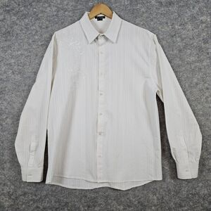 AT COLLINS Men's‎ Dress Shirt White Size XL Embroidery Striped Floral Button Up